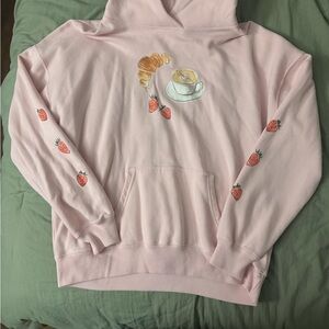 Hollister Pink Hoodie with Coffee and Strawberry Design